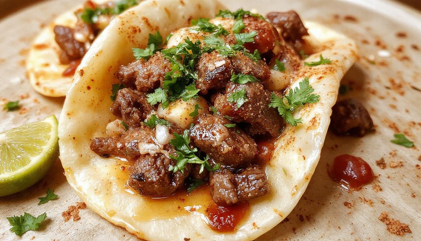 A close-up of three beef tacos arranged on a white plate. Each taco is filled with seasoned ground beef, shredded lettuce, chopped tomatoes, and grated cheese, wrapped in crispy corn tortillas. The vibrant colors of fresh ingredients and the textured beef create an appetizing and inviting look.