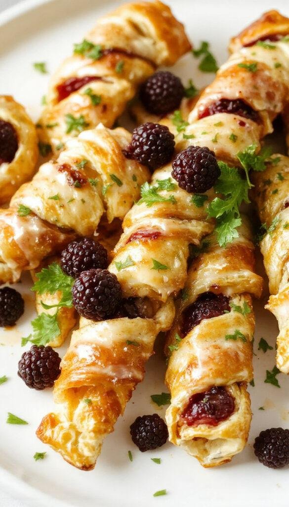 Golden puff pastry twists filled with creamy goat cheese and fresh blackberries, garnished with sugar crystals.