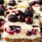 A tempting plate of easy blueberry bars with creamy cheesecake layers topped with fresh blueberries, perfect for summer desserts.