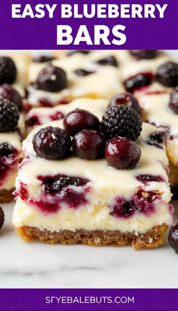 A tempting plate of easy blueberry bars with creamy cheesecake layers topped with fresh blueberries, perfect for summer desserts.