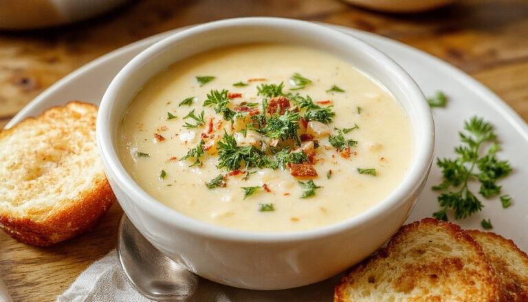 A steaming bowl of broccoli cheddar soup featuring bright green broccoli florets and melted golden cheddar cheese in a creamy, smooth broth. The soup is garnished with a sprinkle of chopped fresh herbs and served in a rustic white bowl on a wooden table, with a bread slice on the side.