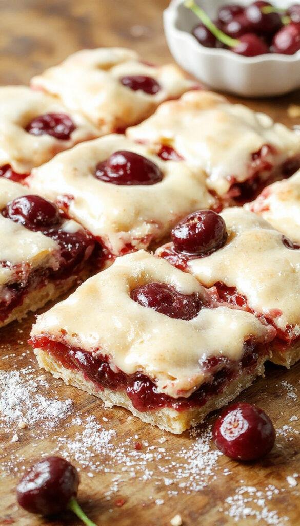 A tray of easy cherry pie bars with golden crust topped with vibrant red cherry filling and a dusting of powdered sugar