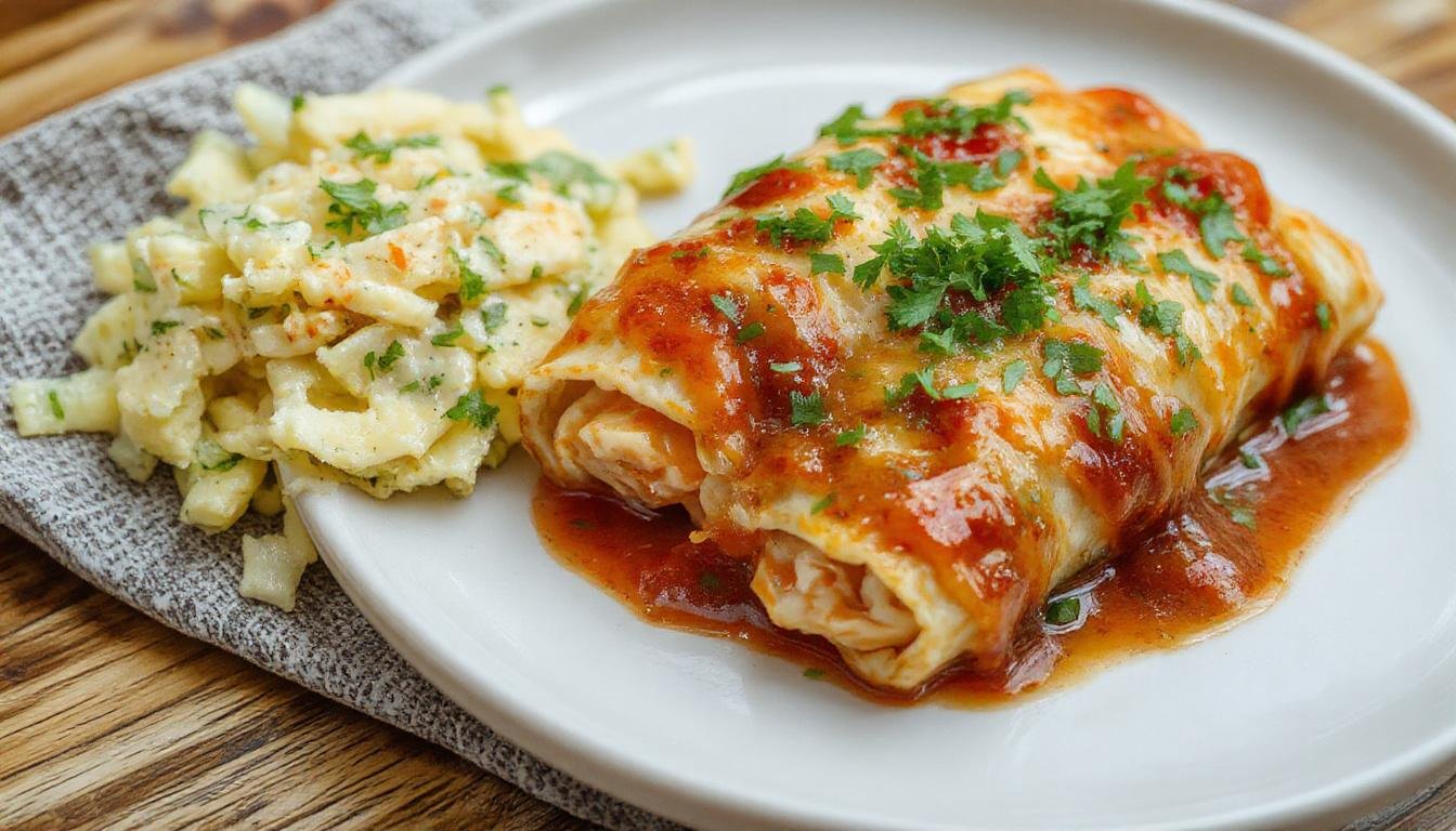 A close-up of golden-brown chicken enchiladas arranged on a ceramic plate, topped with vibrant red sauce, melted cheese, and green garnish, with steam rising, creating an inviting and hearty presentation.