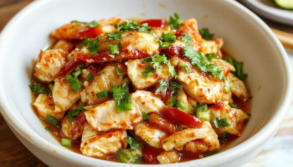 A vibrant bowl of Chicken Lo Mein featuring tender sliced chicken, glossy stir-fried noodles, colorful vegetables like bell peppers and carrots, garnished with green onions, all arranged attractively on a white plate with steam rising, highlighting the savory and appetizing nature of the dish.