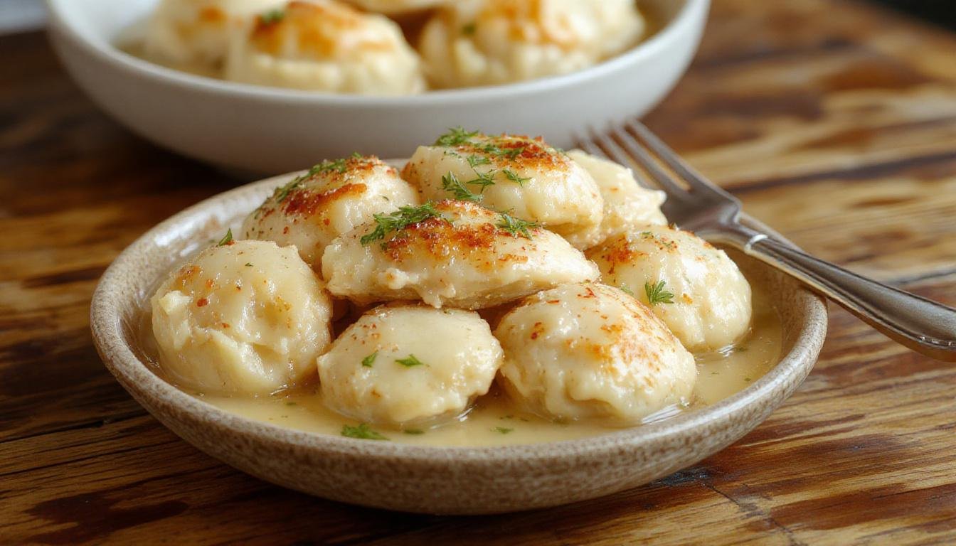 A hearty bowl of homemade chicken and dumplings featuring tender shredded chicken, fluffy dumplings, and a savory broth, garnished with fresh herbs, served in a rustic white bowl on a wooden table.