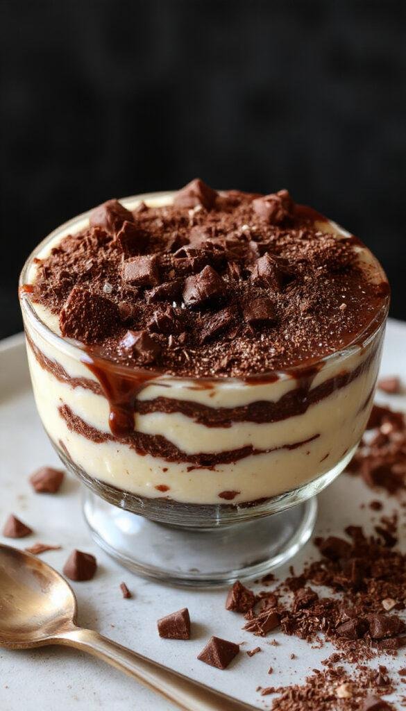 A delicious ready-to-serve chocolate tiramisu in a glass dish, featuring layered coffee-soaked ladyfingers, rich chocolate, and creamy mascarpone topping