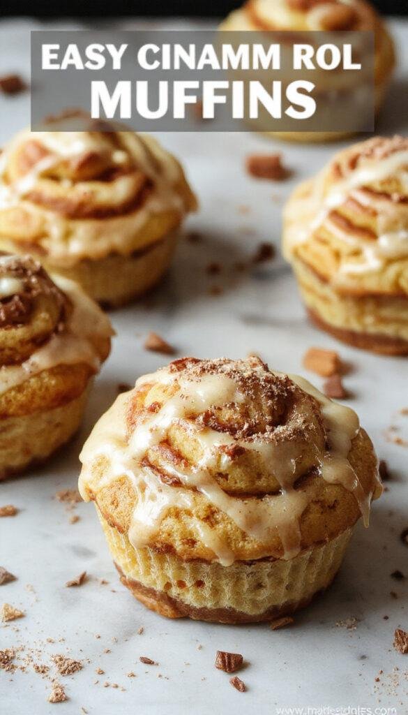 A close-up of freshly baked cinnamon roll muffins with swirls of cinnamon and icing topping, arranged on a rustic plate.