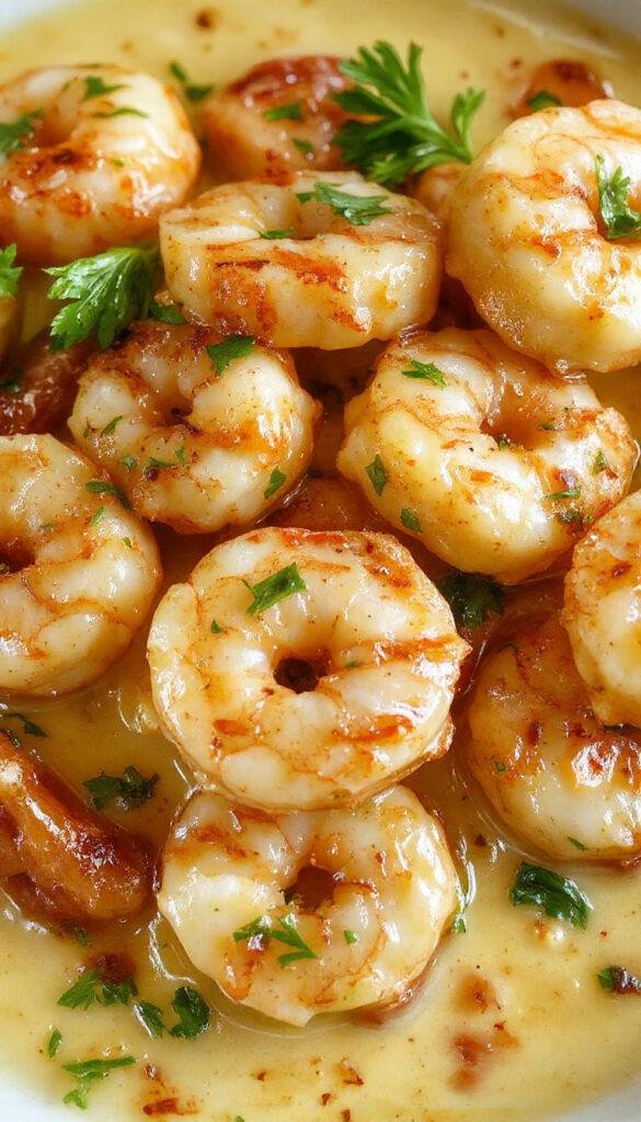 A sizzling skillet of creamy garlic shrimp garnished with fresh parsley and lemon wedges, showcasing a quick and flavorful seafood dish.