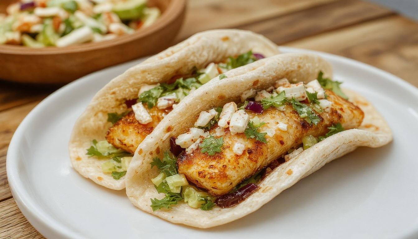 A plate of colorful fish tacos topped with vibrant slaw, garnished with lime wedges and fresh herbs, arranged neatly on a rustic wooden surface with a drizzle of sauce and a side of extra slaw.