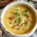 A steaming bowl of Easy French Onion Soup topped with melted cheese and toasted bread slices, garnished with fresh herbs.