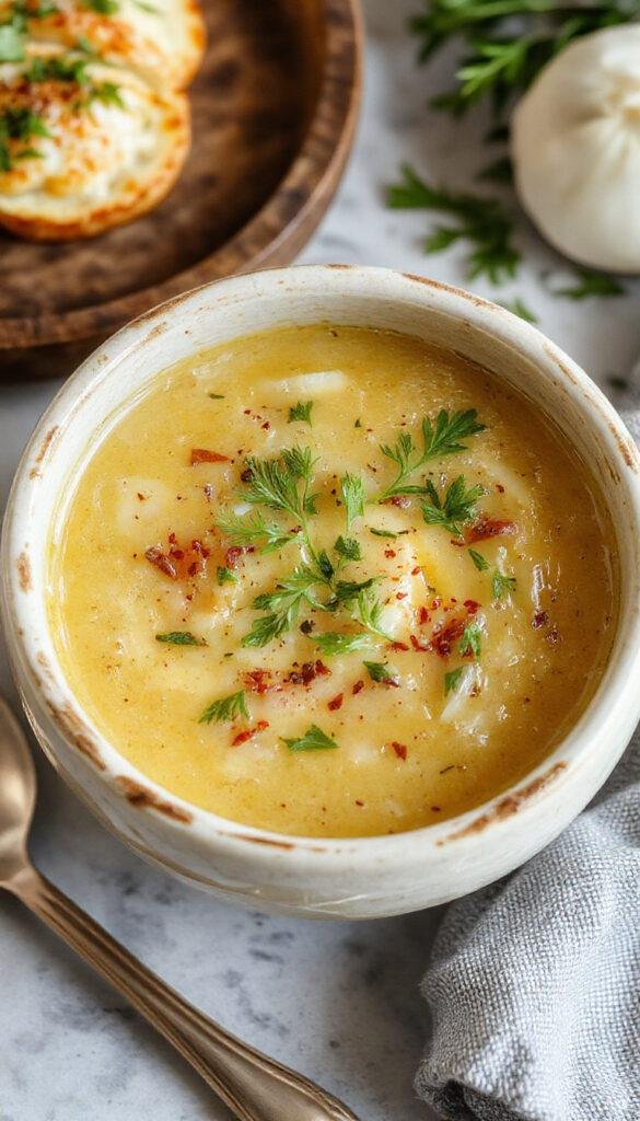 A steaming bowl of Easy French Onion Soup topped with melted cheese and toasted bread slices, garnished with fresh herbs.