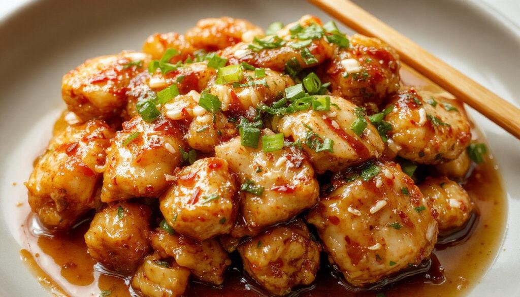 A crispy, glazed chicken stir fry featuring golden-brown battered chicken pieces coated in a glossy, tangy sauce, garnished with green onions and sesame seeds, presented on a white plate with a slight sheen highlighting the sauce's richness.