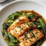 Plate of Easy Ginger Soy Cod garnished with fresh herbs, showcasing a golden, flaky fish with a glossy soy glaze and slices of ginger on the side.
