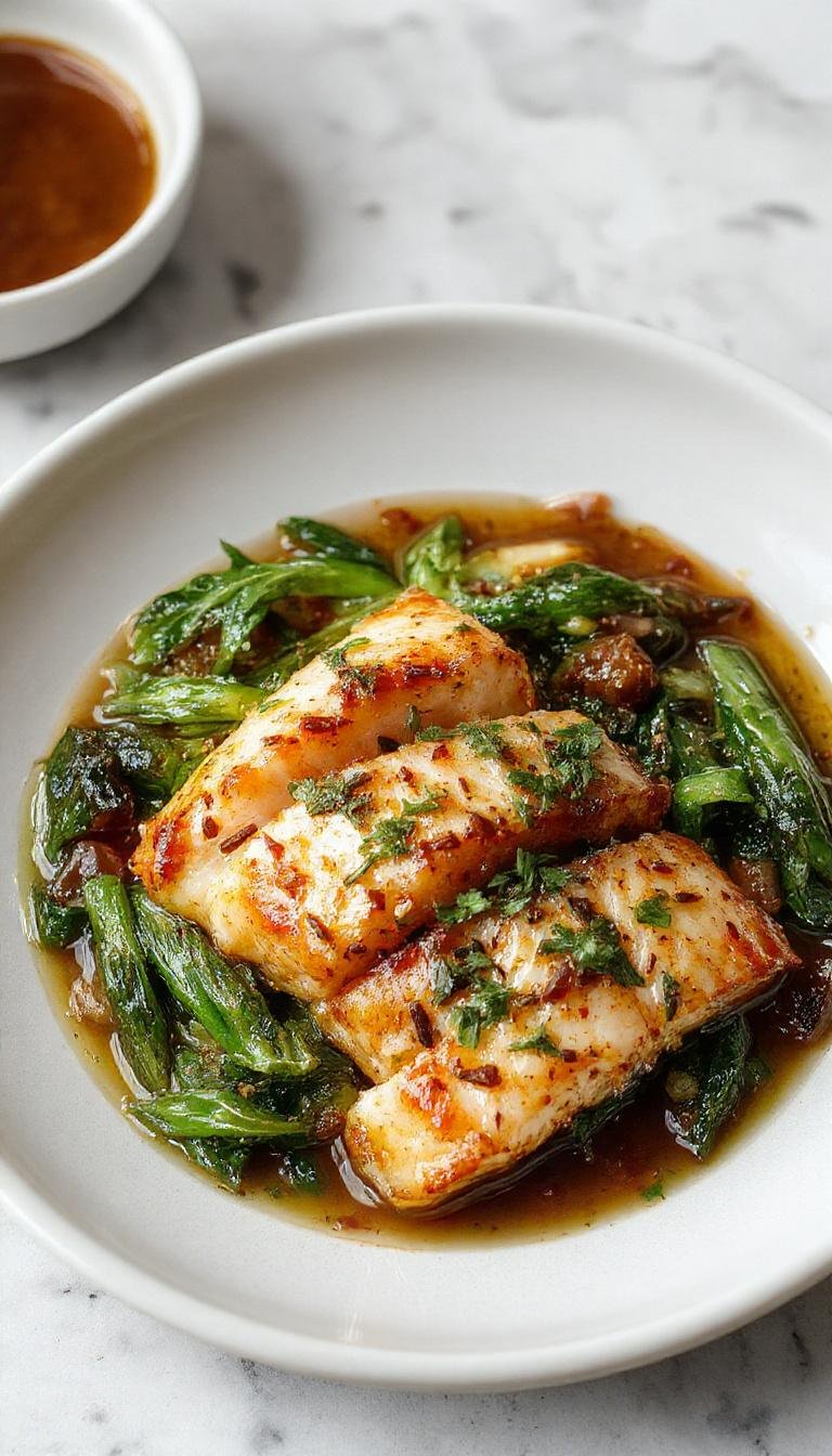 Plate of Easy Ginger Soy Cod garnished with fresh herbs, showcasing a golden, flaky fish with a glossy soy glaze and slices of ginger on the side.