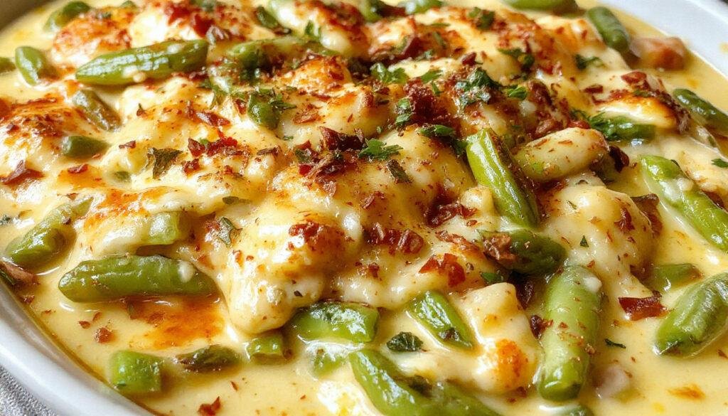 A serving of vibrant green bean casserole topped with crispy fried onions on a white plate. The casserole features fresh green beans in a creamy sauce, garnished with a golden-brown onion topping, all set against a festive table background.