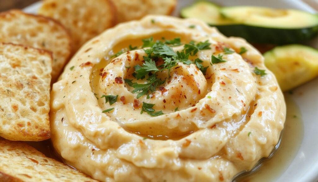 A creamy, pale beige bowl of silky smooth hummus garnished with a drizzle of olive oil, a sprinkle of paprika, and fresh parsley. Surrounding the bowl are whole chickpeas, a lemon wedge, and a few pita chips for dipping. The presentation is clean and inviting with a rustic wooden background.