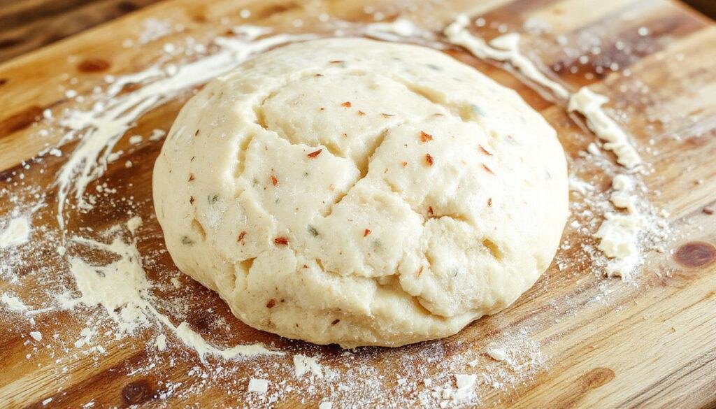 A close-up of a freshly prepared pizza dough ball resting on a floured surface, with a rolling pin beside it and a subtly blurred background of prepared toppings and a pizza tray.