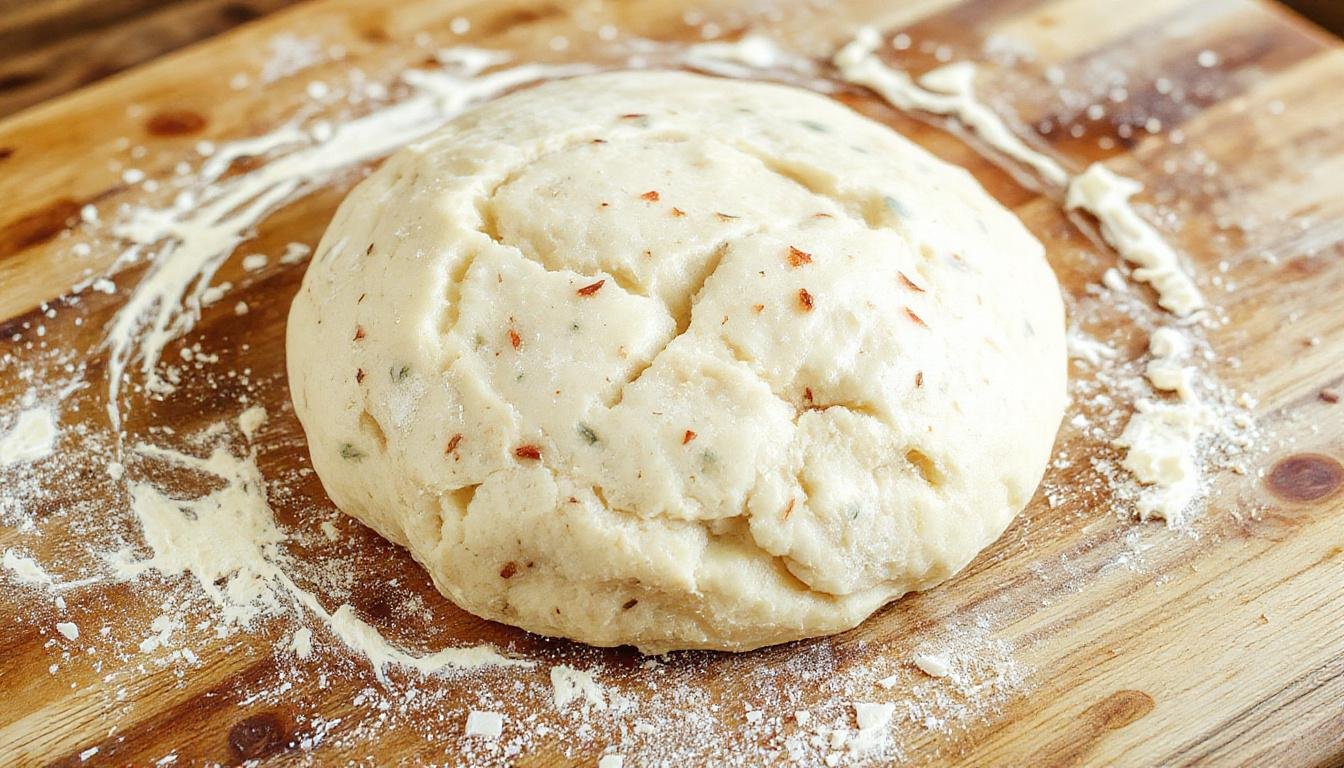 A close-up of a freshly prepared pizza dough ball resting on a floured surface, with a rolling pin beside it and a subtly blurred background of prepared toppings and a pizza tray.