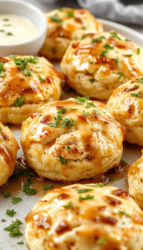 A plate of flaky biscuits topped with crispy hot honey chicken and drizzled with extra hot honey sauce, garnished with green herbs.