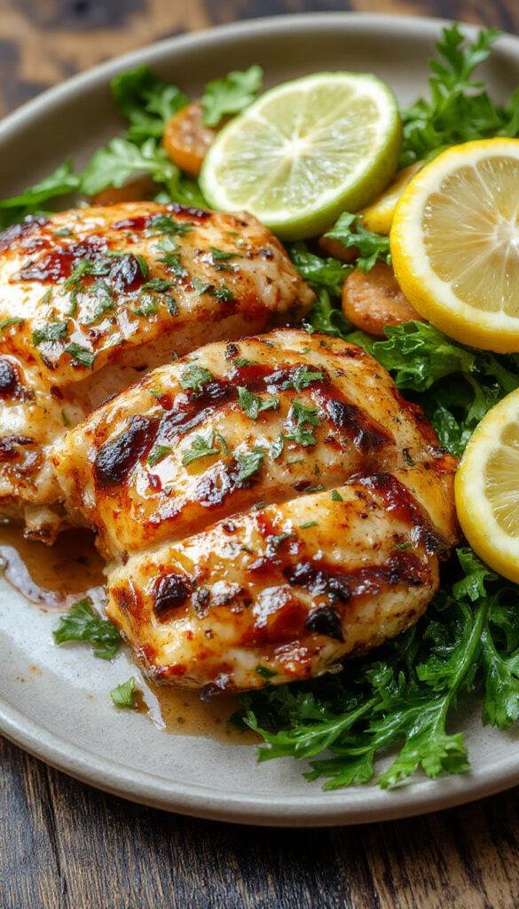 Juicy grilled chicken breasts glazed with a vibrant tropical citrus marinade, garnished with fresh herbs and served on a tropical-themed plate.