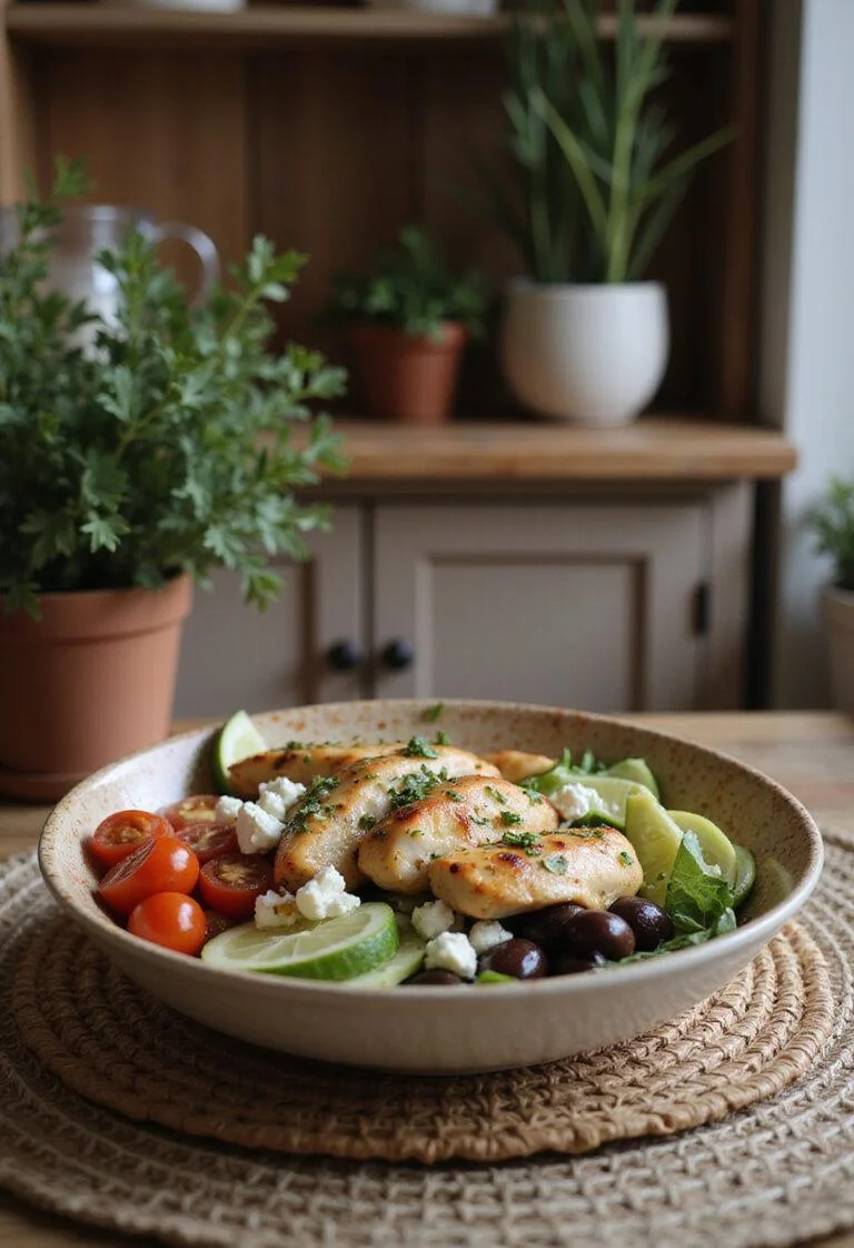 Realistic image of a Mediterranean chicken bowl served in a cozy home kitchen with grilled chicken, cherry tomatoes, cucumber, olives, feta cheese, and herbs on a wooden table.