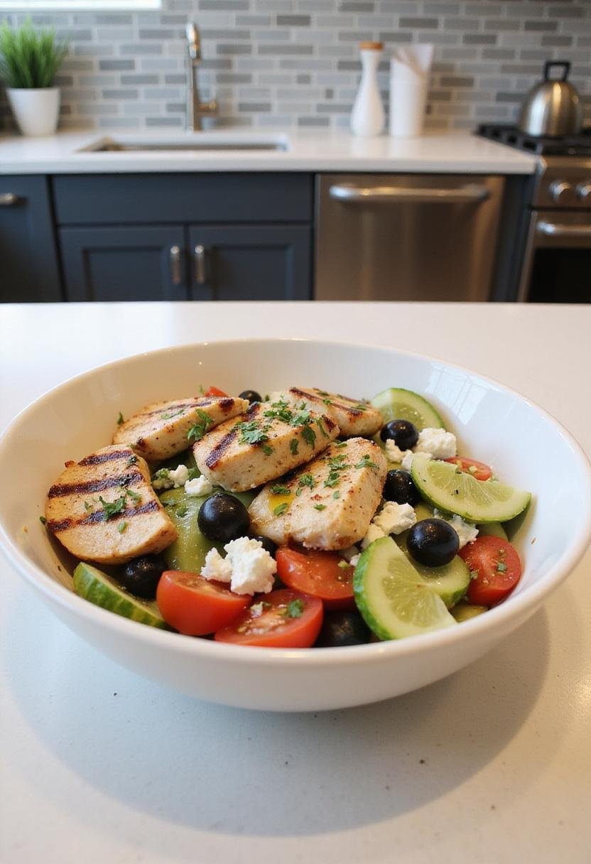 Realistic image of a Mediterranean chicken bowl plated in a modern kitchen setting with grilled chicken, vegetables, olives, and feta cheese on a clean countertop.