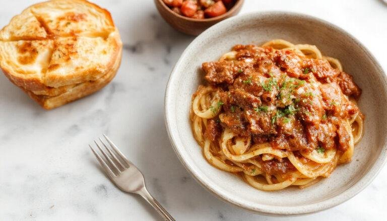 A steaming bowl of spaghetti bolognese topped with fresh chopped herbs, with a rich meat sauce coating the al dente pasta, served on a rustic plate.