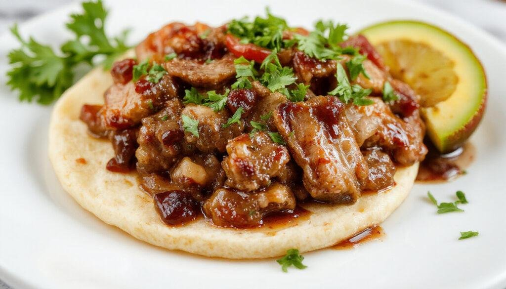 Golden-brown, shredded pork carnitas piled on a rustic ceramic plate, garnished with fresh cilantro and lime wedges. The pork has a crispy edges with tender, juicy interior, served alongside warm corn tortillas and colorful side salsas.