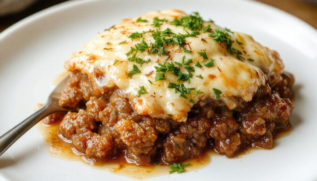 A golden-brown shepherd's pie served in a rustic ceramic dish, topped with creamy mashed potatoes with a slightly crispy edge, garnished with chopped herbs. The filling beneath the topping shows hints of ground beef and vegetables, with a textured, inviting surface.