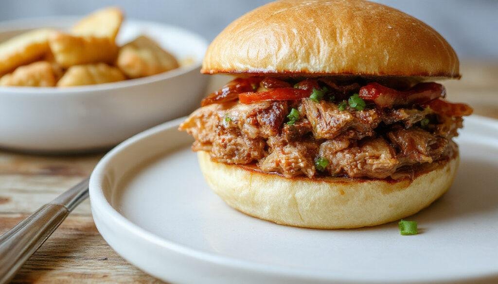 A tender, shredded pulled pork piled high on a soft bun, topped with tangy barbecue sauce and garnished with fresh chopped herbs, served on a rustic wooden board with a side of coleslaw. The dish showcases glistening, juicy meat with a rich, smoky appearance, and vibrant colors from the sauce and garnishes.