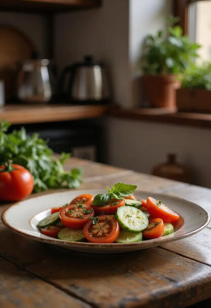 A freshly prepared tomato and cucumber salad on a ceramic plate in a cozy kitchen setting, showing ripe tomatoes, crisp cucumber slices, herbs, and olive oil, styled on a rustic wooden table.