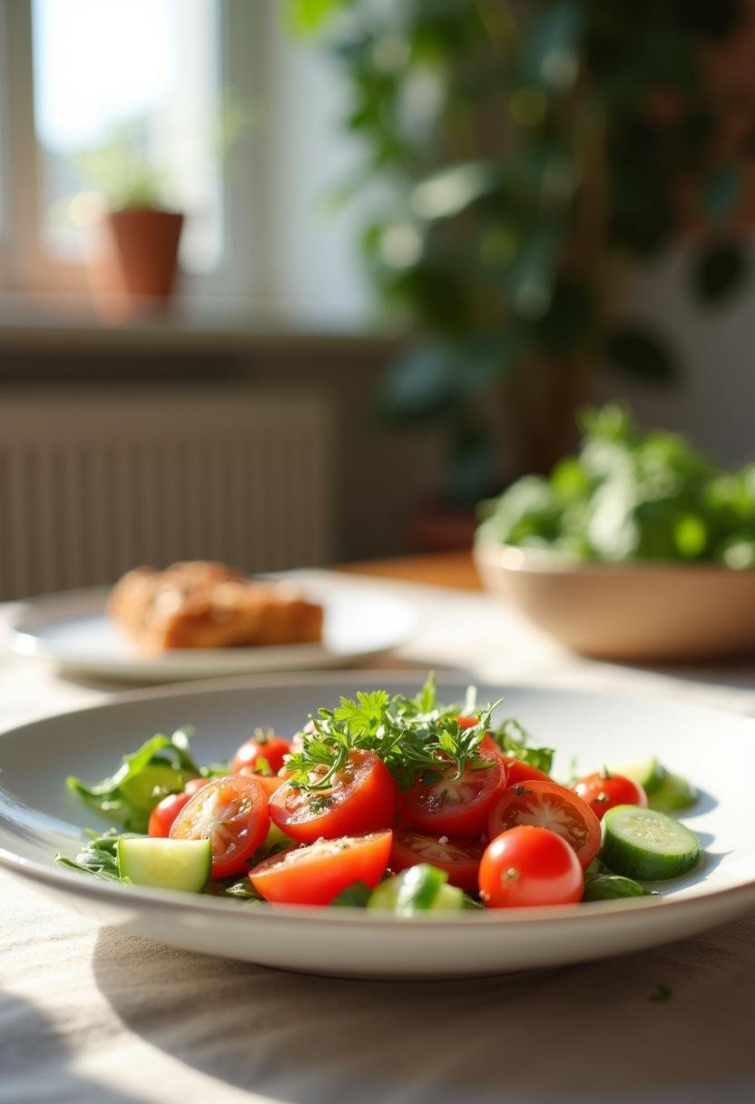 A realistic image of a tomato and cucumber salad served on a white plate in a cozy kitchen setting, with fresh vegetables and herbs, illuminated by natural light for a fresh and inviting look.