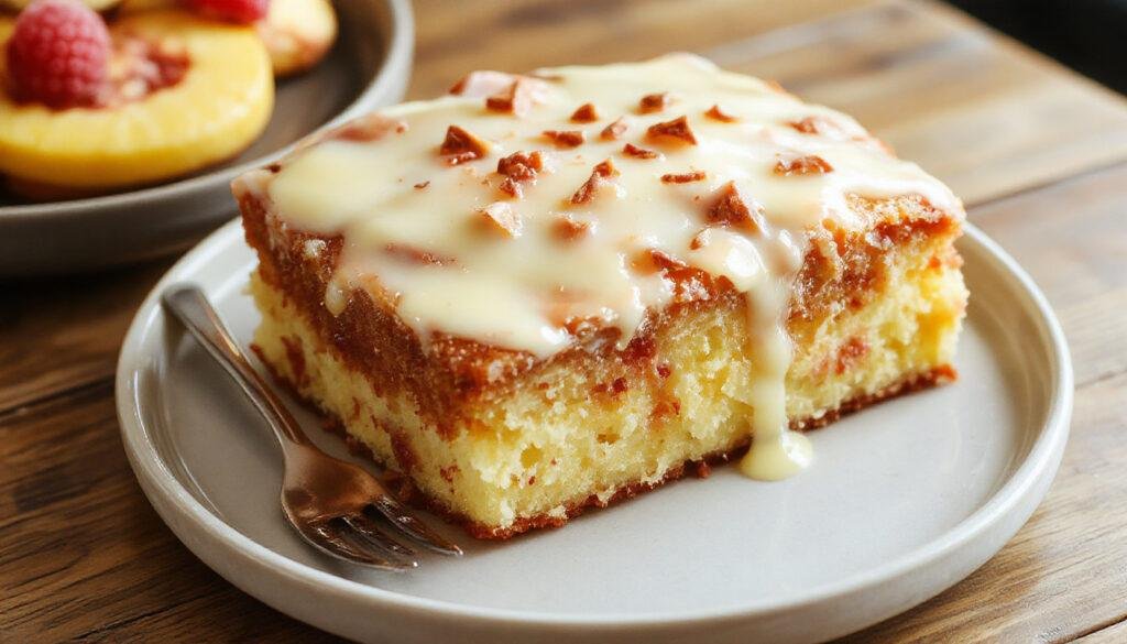 A slice of Tres Leches Cake on a white plate, showcasing its moist sponge texture soaked in three kinds of milk, topped with whipped cream and a cherry. The cake's surface glistens from the infused milks, with a light, airy topping and colorful sprinkles around it.