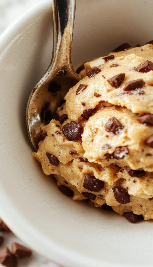A bowl of creamy edible cookie dough topped with chocolate chips and sprinkles, ready to enjoy as a no-bake dessert.