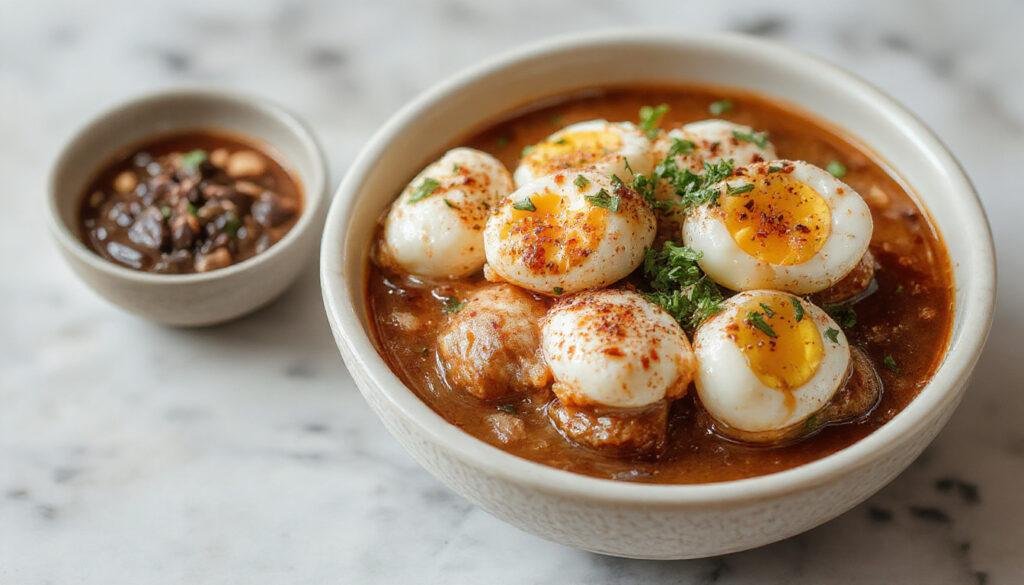 A vibrant bowl filled with seasoned ground pork, finely chopped cabbage, carrots, and green onions, topped with a drizzle of soy sauce and sesame seeds. The ingredients are arranged invitingly, showcasing a colorful mix of textures and fresh elements on a rustic wooden surface.