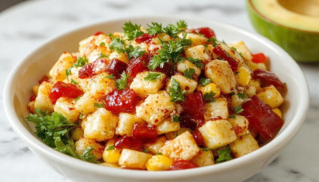 A vibrant bowl of Mexican street corn salad featuring charred corn kernels coated in a creamy, spicy sauce, topped with crumbled cheese, chopped cilantro, and a sprinkle of chili powder. The salad is served in a rustic ceramic bowl, with bright yellow and orange hues from the corn contrasting with the green cilantro and white cheese, creating a colorful and appetizing presentation.