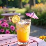 A vibrant glass of Enchanted Unicorn Lemonade with sprinkles and a paper umbrella on an outdoor picnic table in a garden, with flowers and sunlight, creating a cheerful and whimsical atmosphere.