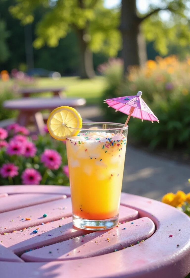 A vibrant glass of Enchanted Unicorn Lemonade with sprinkles and a paper umbrella on an outdoor picnic table in a garden, with flowers and sunlight, creating a cheerful and whimsical atmosphere.