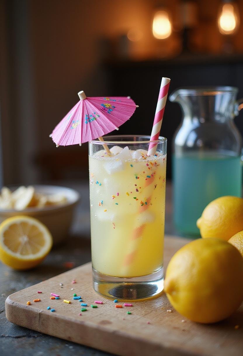 A colorful glass of Enchanted Unicorn Lemonade decorated with sprinkles and a paper umbrella placed on a cozy kitchen counter with citrus fruits and a pitcher, in warm indoor lighting, creating a homely scene.