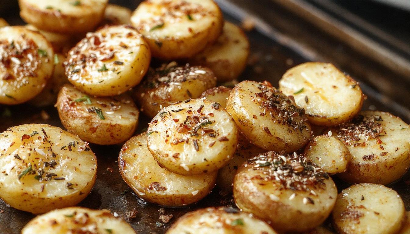 A close-up of crispy breakfast potatoes seasoned with everything bagel seasoning, arranged beautifully on a white plate with a sprinkle of herbs, showcasing golden-brown textures and flavorful seasoning.