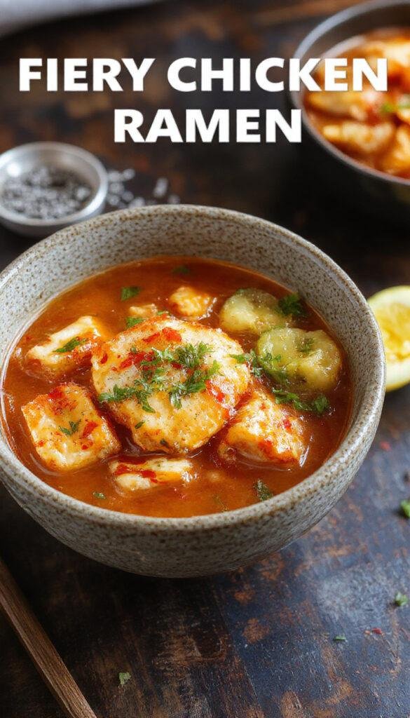 A steaming bowl of Fiery Chicken Ramen featuring spicy broth, tender chicken slices, soft noodles, boiled eggs, and garnished with green onions and chili flakes.