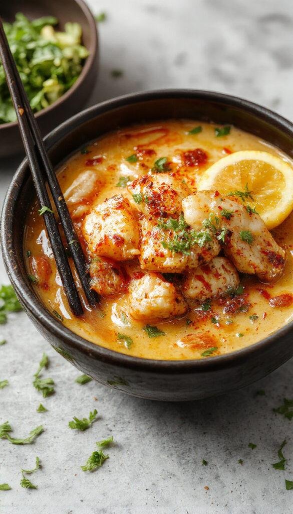 A steaming bowl of Fiery Chicken Ramen topped with fresh green herbs, sliced chicken, and a swirl of creamy garlic sauce, garnished with chili flakes.