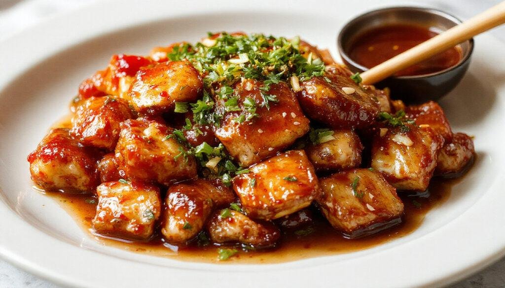 A vibrant plate of firecracker chicken featuring crispy battered chicken pieces coated in a glossy, spicy red sauce with visible chili flakes, garnished with chopped green onions and sesame seeds, arranged on a dark rectangular plate for contrast, with a side of steamed rice in the background.