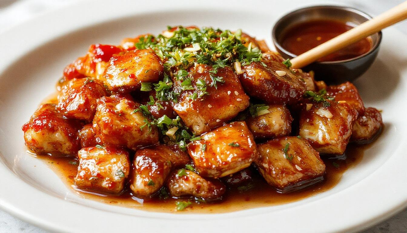 A vibrant plate of firecracker chicken featuring crispy battered chicken pieces coated in a glossy, spicy red sauce with visible chili flakes, garnished with chopped green onions and sesame seeds, arranged on a dark rectangular plate for contrast, with a side of steamed rice in the background.