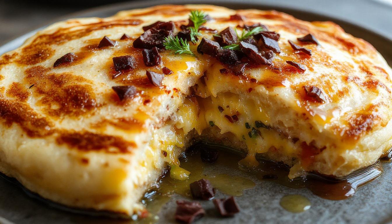 A stack of tall, golden-brown Japanese-style soufflé pancakes with a light, airy texture, topped with powdered sugar and fresh berries, served on a white ceramic plate. The pancakes have a slightly crispy exterior and a delicate, fluffy interior visible from a side view, with a drizzle of syrup cascading down the sides.