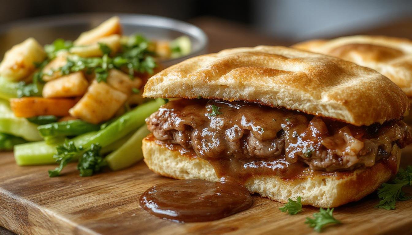 A close-up of a French Dip Sandwich showcasing tender sliced roast beef piled on a toasted baguette, topped with melted cheese, alongside a small cup of rich au jus. The sandwich is garnished with a sprig of parsley and placed on a rustic wooden plate, with the au jus in a small bowl nearby. The textures of the bread crust, beef slices, and melted cheese are vividly detailed, emphasizing a hearty, flavorful presentation.