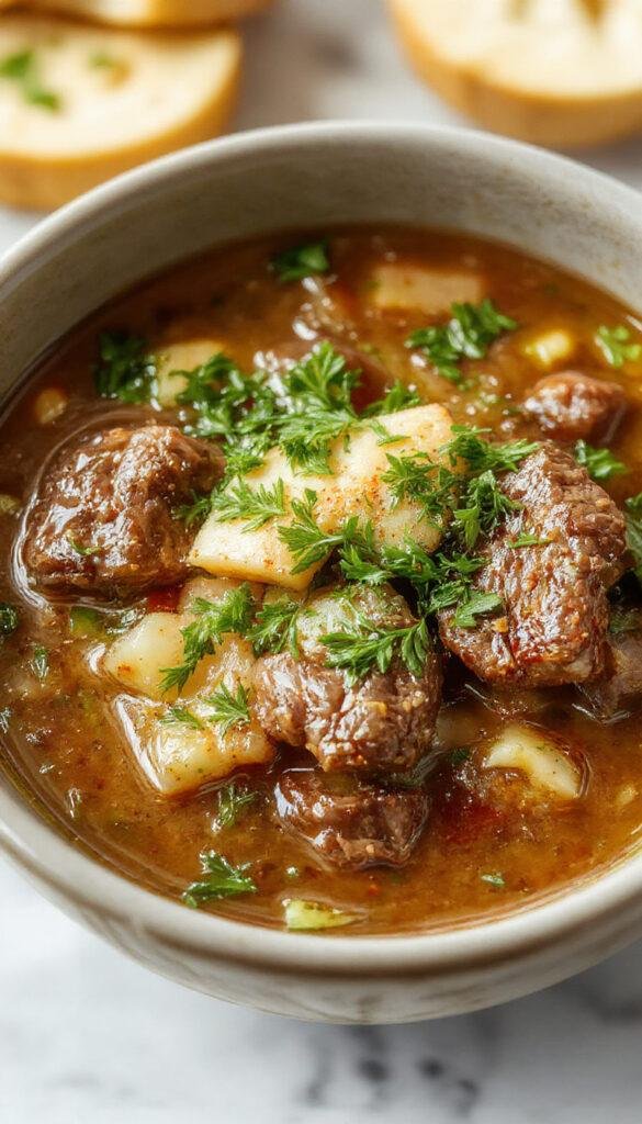 A warm bowl of French Onion Beef Short Rib Soup topped with melted cheese and crusty bread on the side.