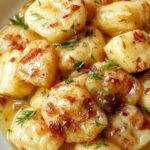 A plate of golden-brown French onion gnocchi garnished with fresh herbs and caramelized onions, served on a rustic wooden table.