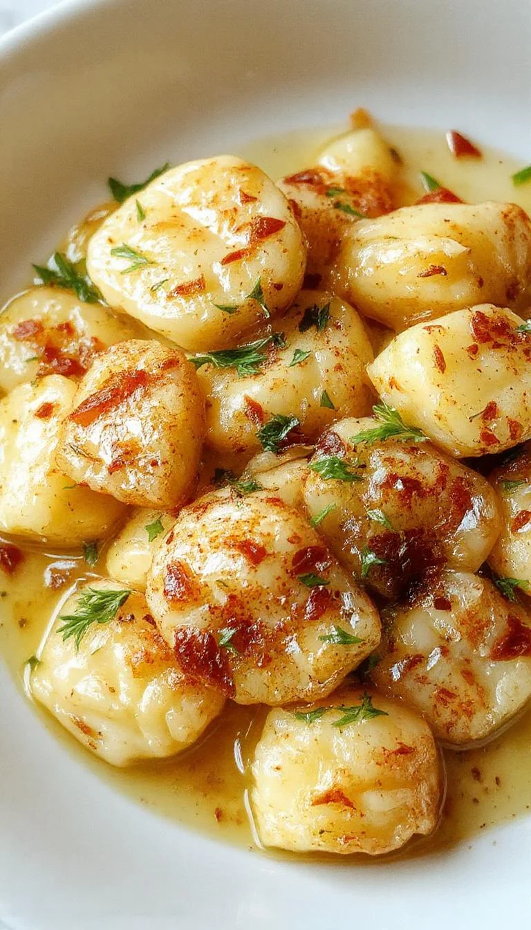 A plate of golden-brown French onion gnocchi garnished with fresh herbs and caramelized onions, served on a rustic wooden table.