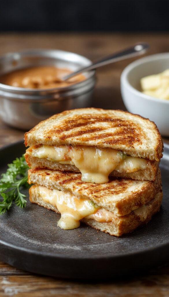 A delicious French Onion Grilled Cheese Sandwich with melted cheese and caramelized onions on toasted bread, served on a plate.